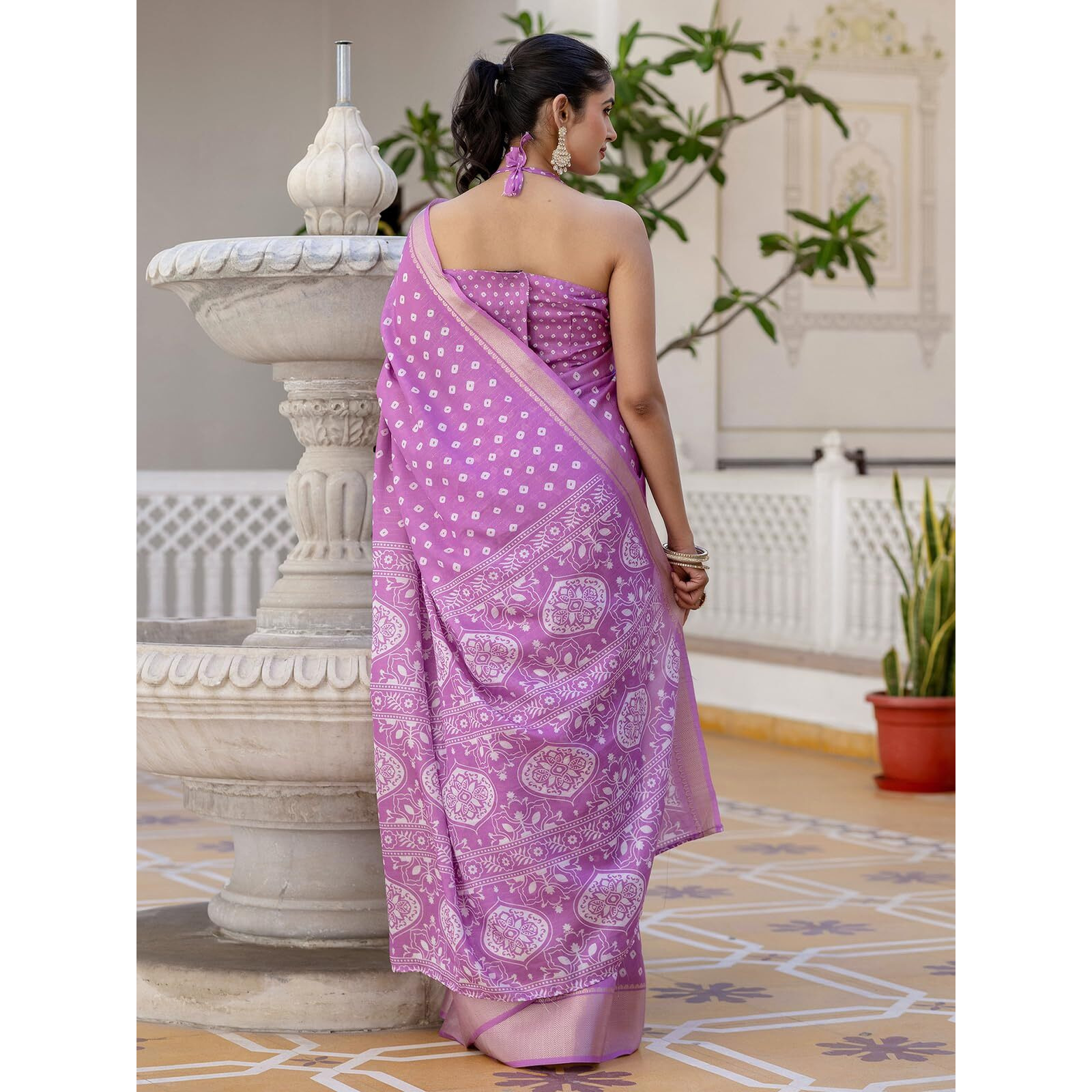 Satrani Women's Dola Silk Bandhani Printed & Woven Zari Stripe Ready To Wear Saree With Unstitched Blouse Piece (49Rs104_Light Purple)