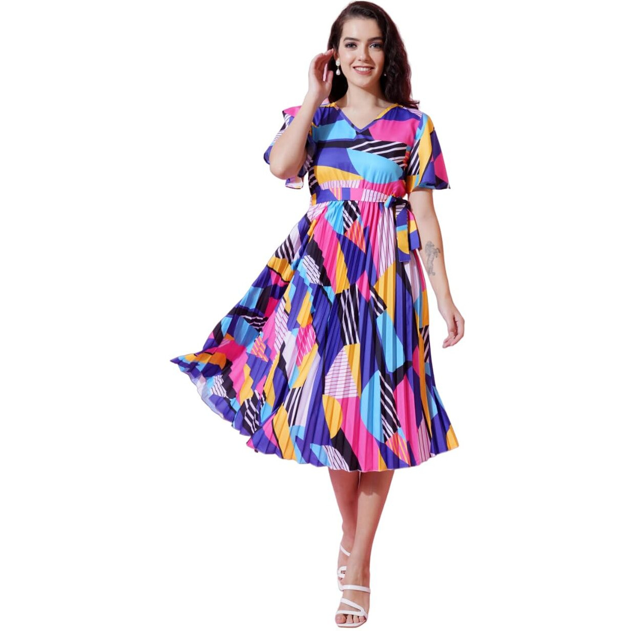 Kzully | Chic Elegance A-Line Dress For Women With Pleats, V-Neck, Printed Top, And Belt Accent Blue