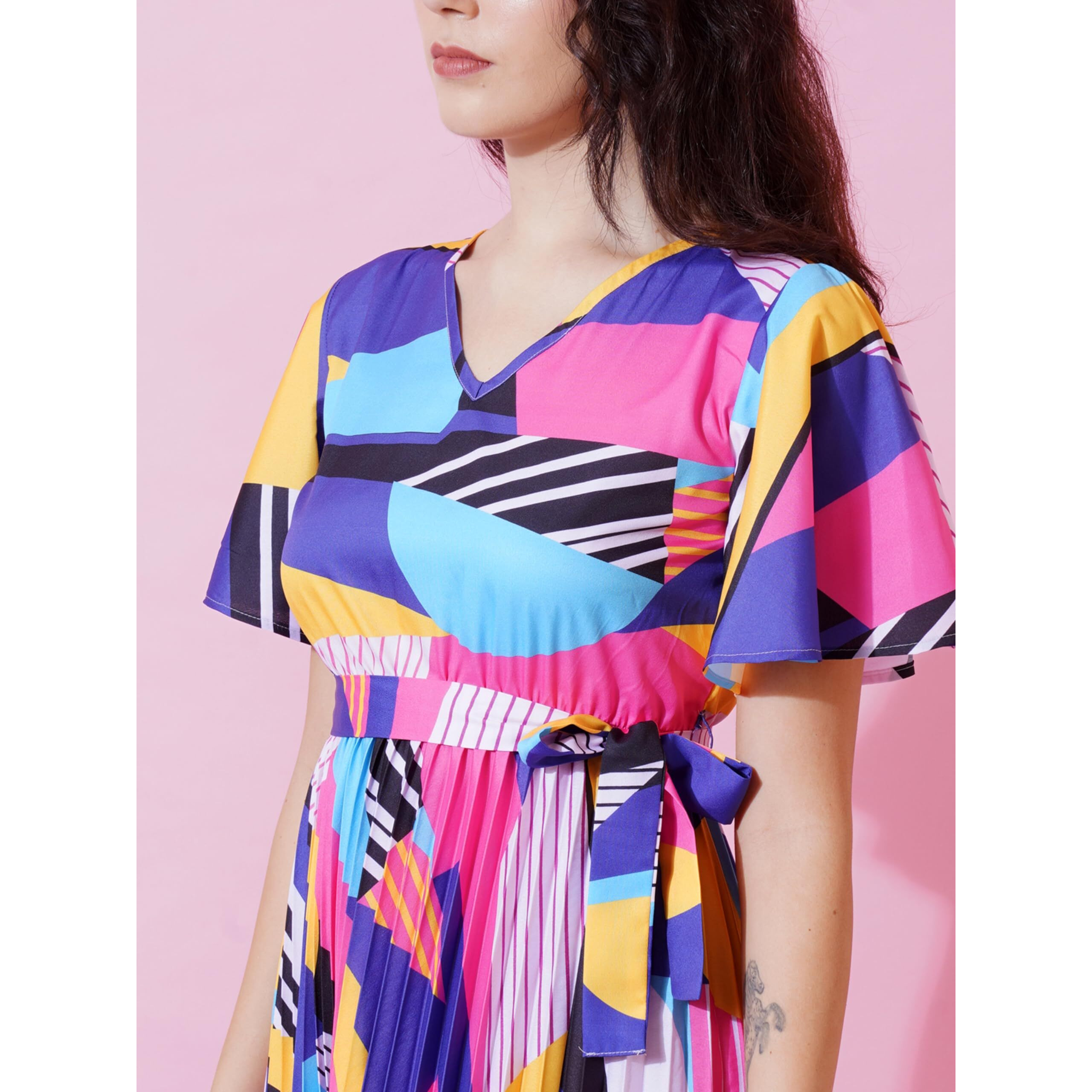 Kzully | Chic Elegance A-Line Dress For Women With Pleats, V-Neck, Printed Top, And Belt Accent Blue