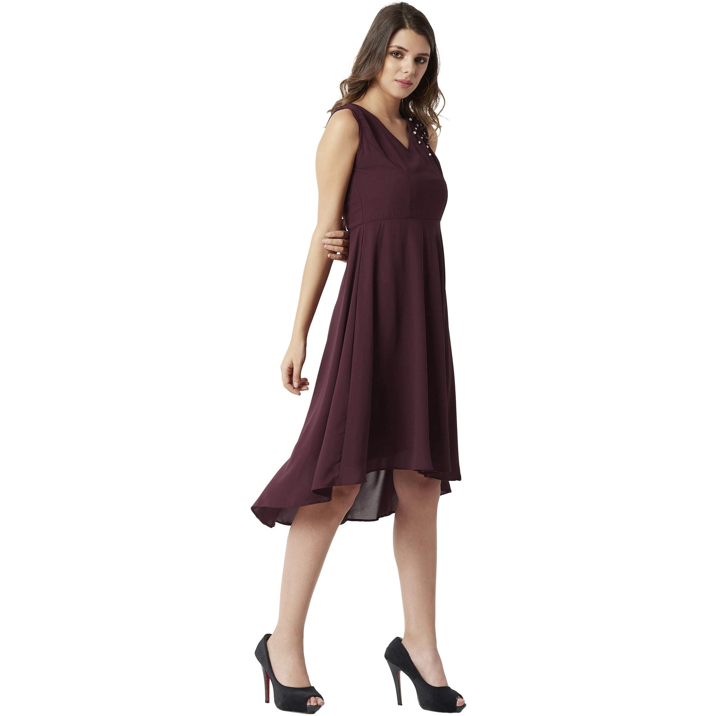 Miss Chase Women's Maroon V-Neck High-Low Skater Dress (Mcss18D10-73-143-04, Maroon, Medium)