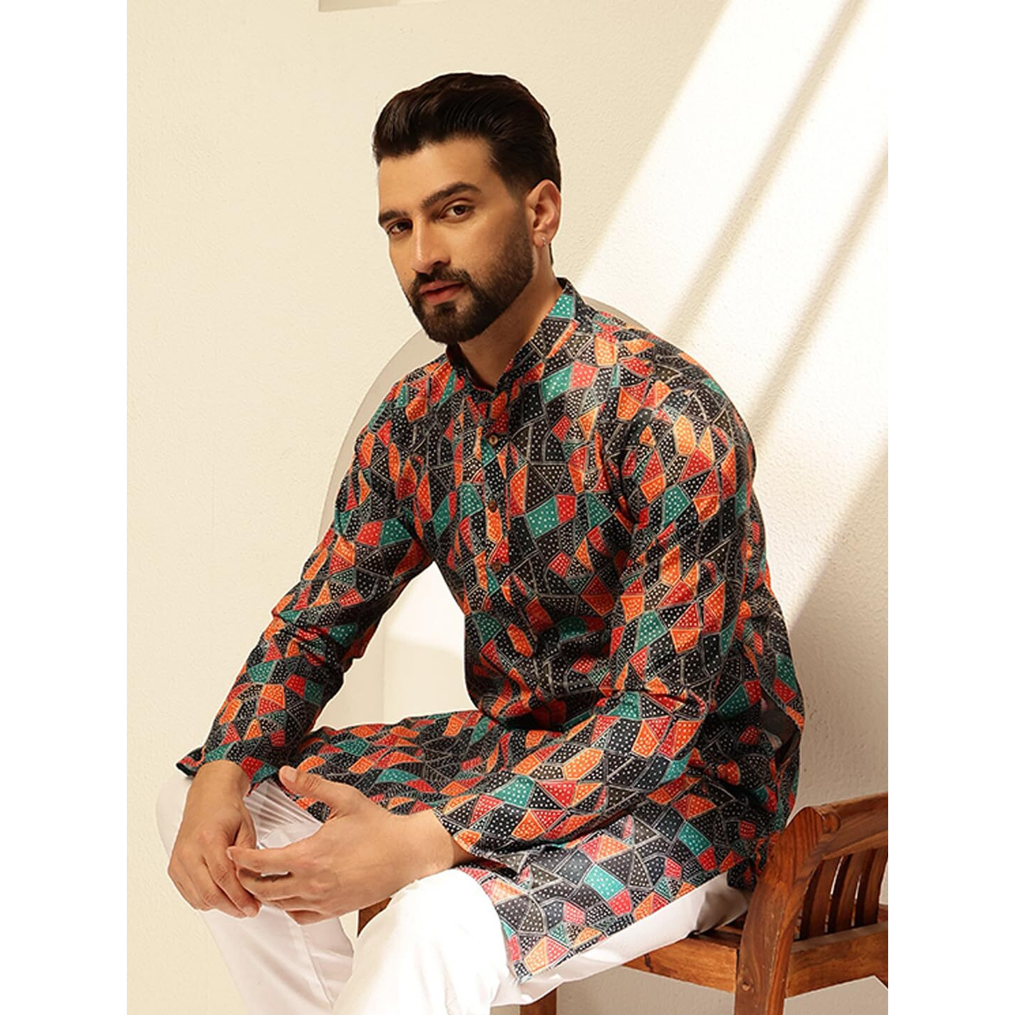Sojanya (Since 1958 Men's Cotton Linen Abstract Print Multicolor Kurta With White Pyjama