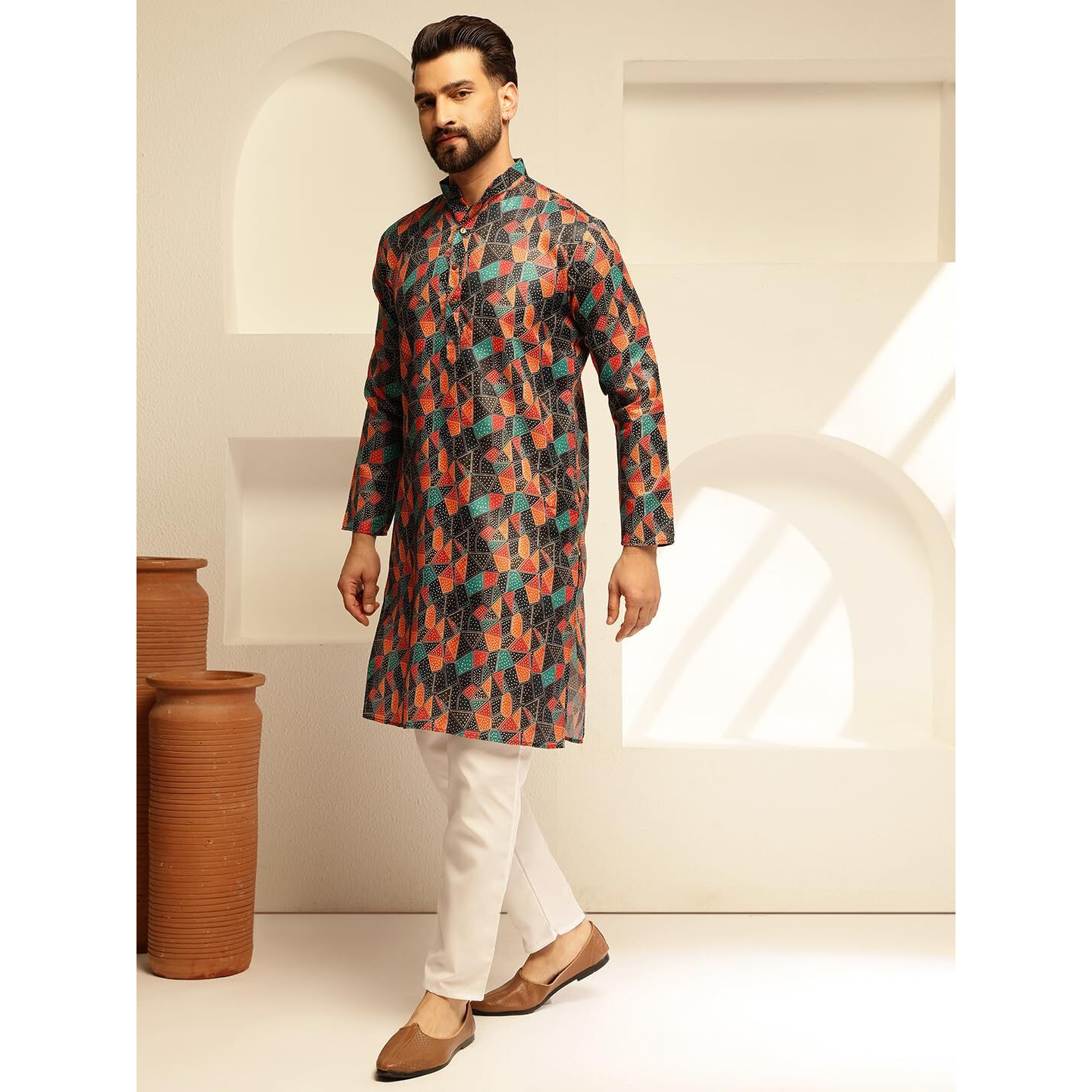 Sojanya (Since 1958 Men's Cotton Linen Abstract Print Multicolor Kurta With White Pyjama