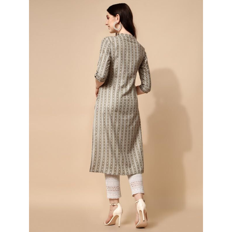 Nainvish Women's Cotton Blend Straight Mandarin/Chinese Neck Printed Kurta (Sd419_K-Xxl._White Green)