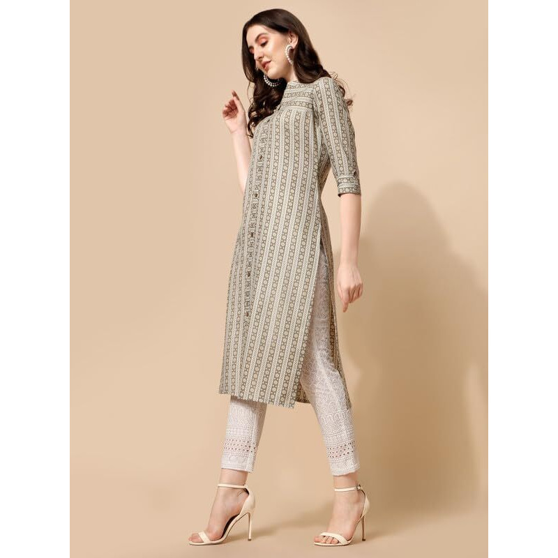 Nainvish Women's Cotton Blend Straight Mandarin/Chinese Neck Printed Kurta (Sd419_K-Xxl._White Green)