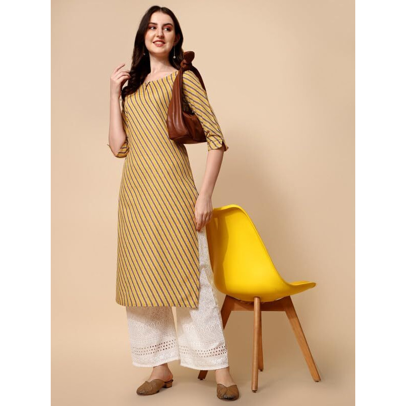 Nainvish Women's Cotton Blend Straight Round Neck Printed Kurta (Sd416_K-L._Light Yellow)