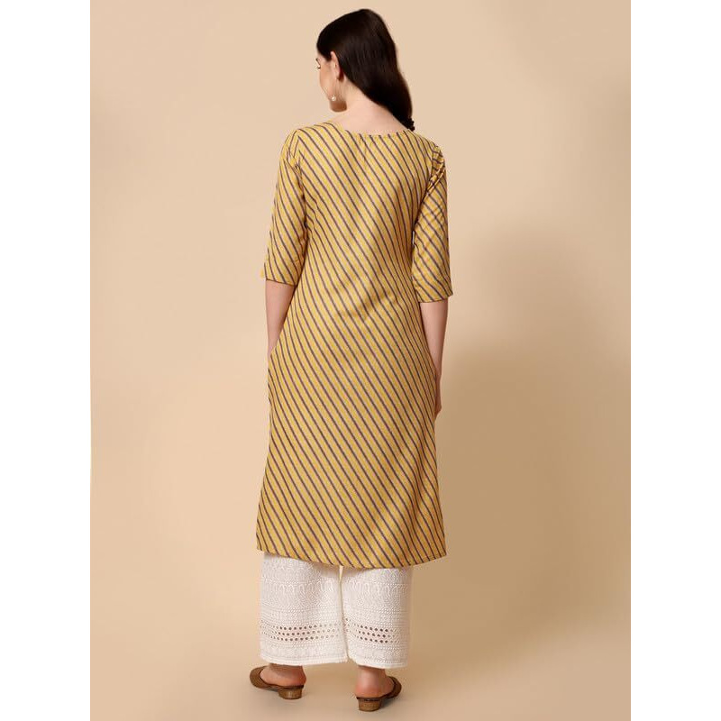 Nainvish Women's Cotton Blend Straight Round Neck Printed Kurta (Sd416_K-L._Light Yellow)