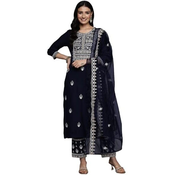 Varanga Women's Navy Blue Round Neck Thread Embroidered Kurta Paired With Bottom And Dupatta