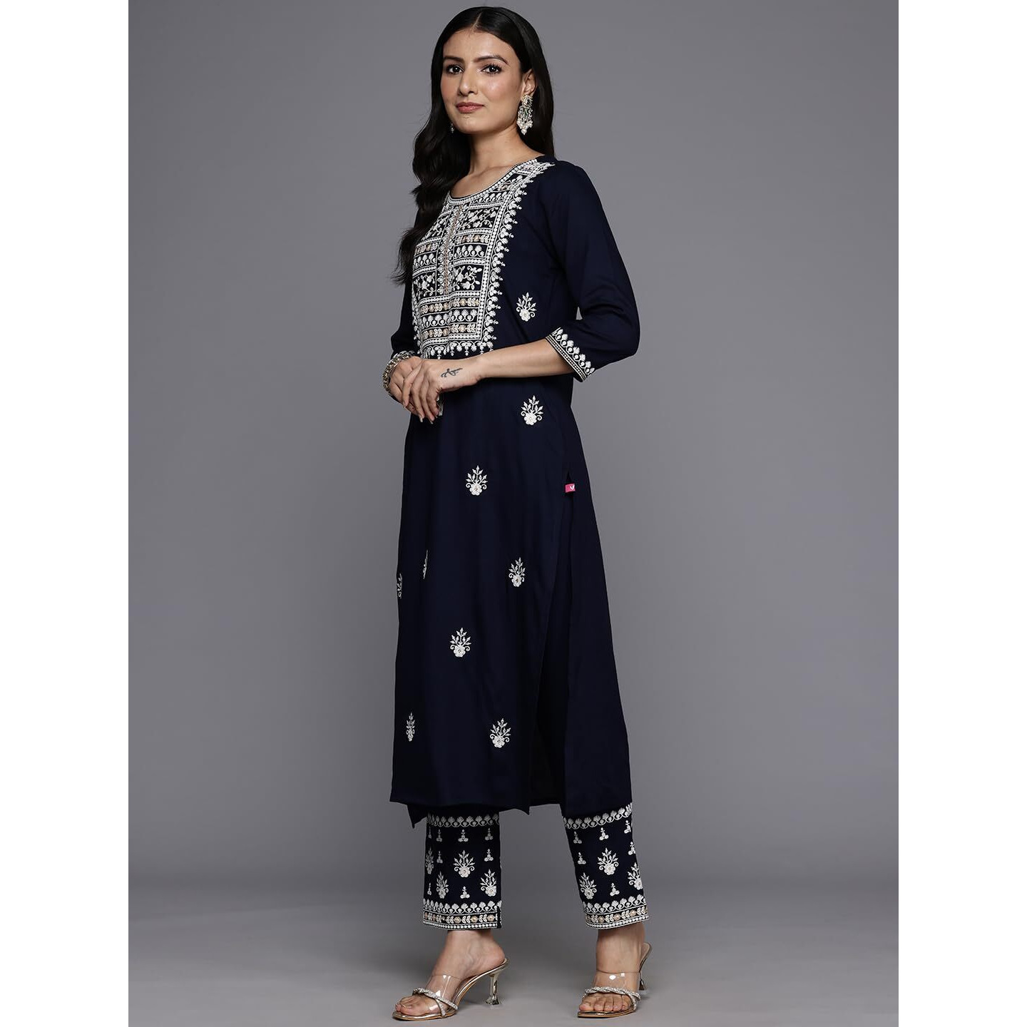 Varanga Women's Navy Blue Round Neck Thread Embroidered Kurta Paired With Bottom And Dupatta