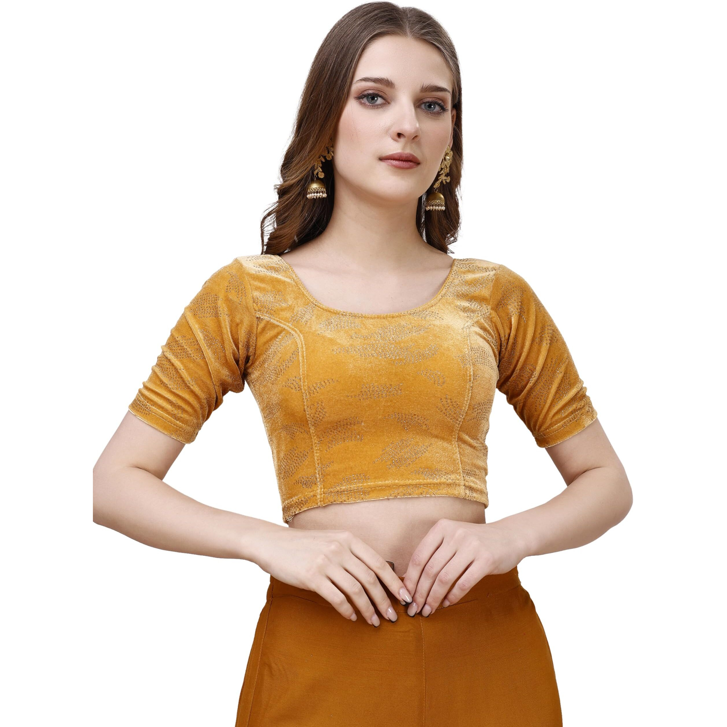 Vihu Fashion Women's Readymade Hosiery Velvet Lycra Stretchable Round Neck Half Sleeve Blouse Fancy Gold Color Lycra Stretchable Blouse For Women Readymade Saree Blouse