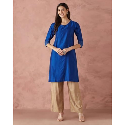Fabindia Women's Cotton Silk Woven Regular Fit Kurta (1039090Royalblue_Royal Blue
