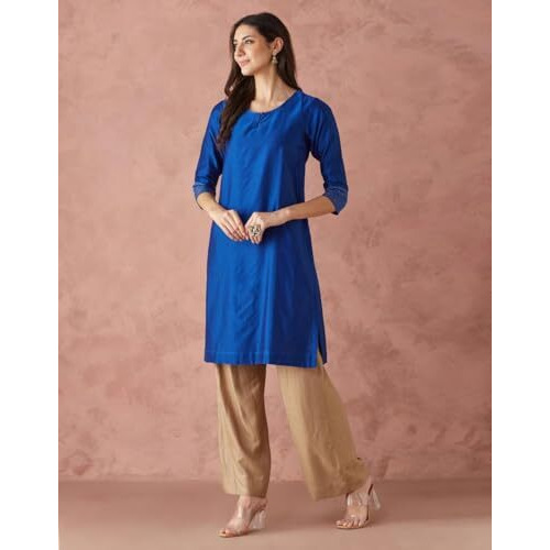 Fabindia Women's Cotton Silk Woven Regular Fit Kurta (1039090Royalblue_Royal Blue
