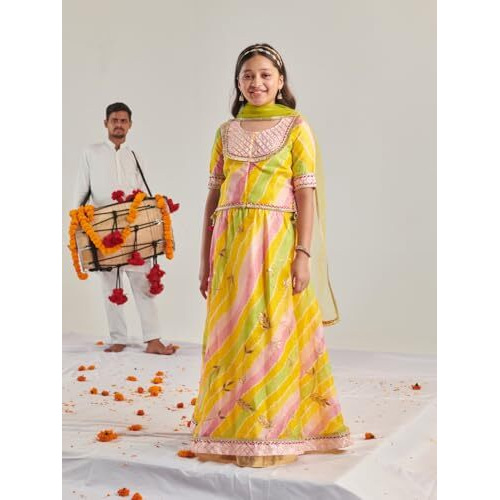 Pspeaches Girl's Cotton Blend 1 Lehenga, 1 Choli, 1 Dupatta (L-Ylgotapatti-13- Yellow_13-14Y)