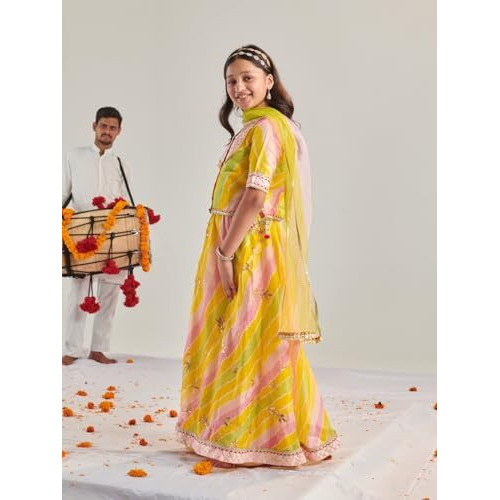 Pspeaches Girl's Cotton Blend 1 Lehenga, 1 Choli, 1 Dupatta (L-Ylgotapatti-13- Yellow_13-14Y)