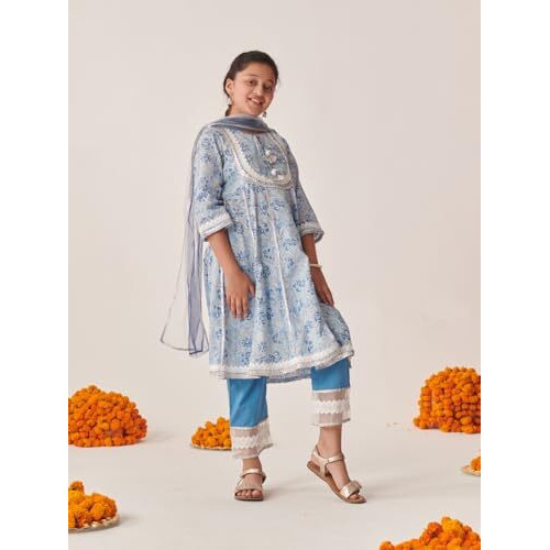 Pspeaches Girl's Cotton Regular Kurta Set (Ks-Firozijaal-12-13Y_Firozi