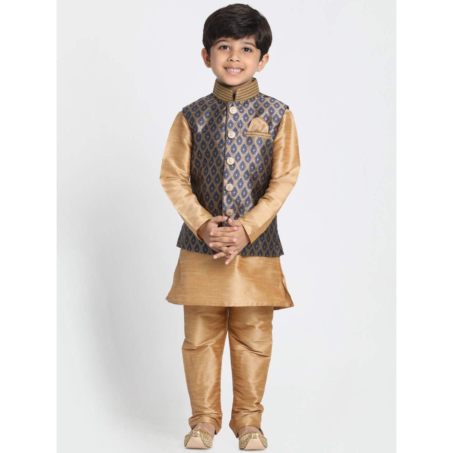 Jbn Creation Boys' Navy Blue And Rose Gold Silk Blend Kurta, Ethnic Jacket And Pyjama Set_Vasbj025Nbnbkrg001Nprg_30