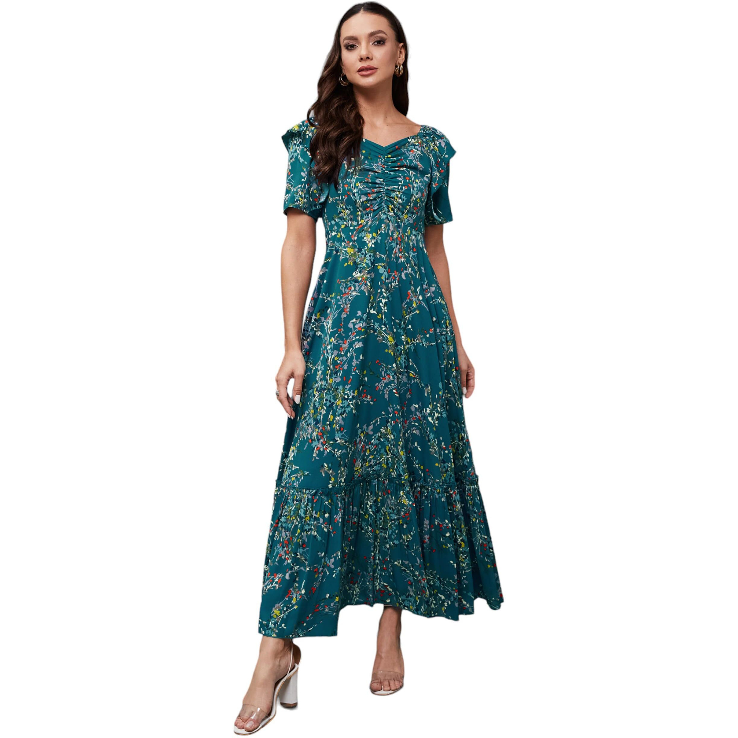 Miss Chase Women's Sweet-Heart Neck Half Sleeve Floral Crepe Midi Dress With Pockets (Mcss24D16-53-176-02, Multicolored-Base-Turquoise, Xs)