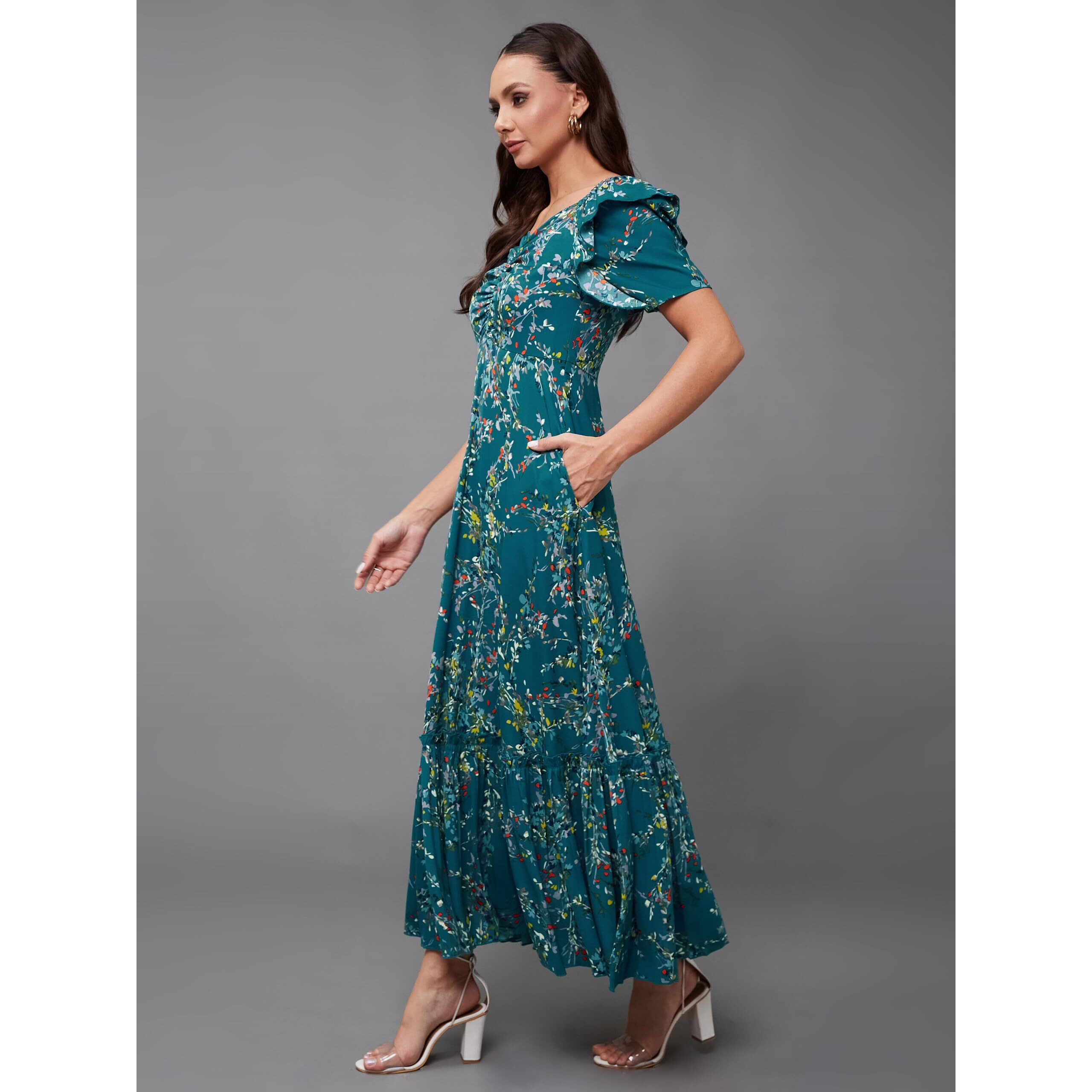 Miss Chase Women's Sweet-Heart Neck Half Sleeve Floral Crepe Midi Dress With Pockets (Mcss24D16-53-176-02, Multicolored-Base-Turquoise, Xs)