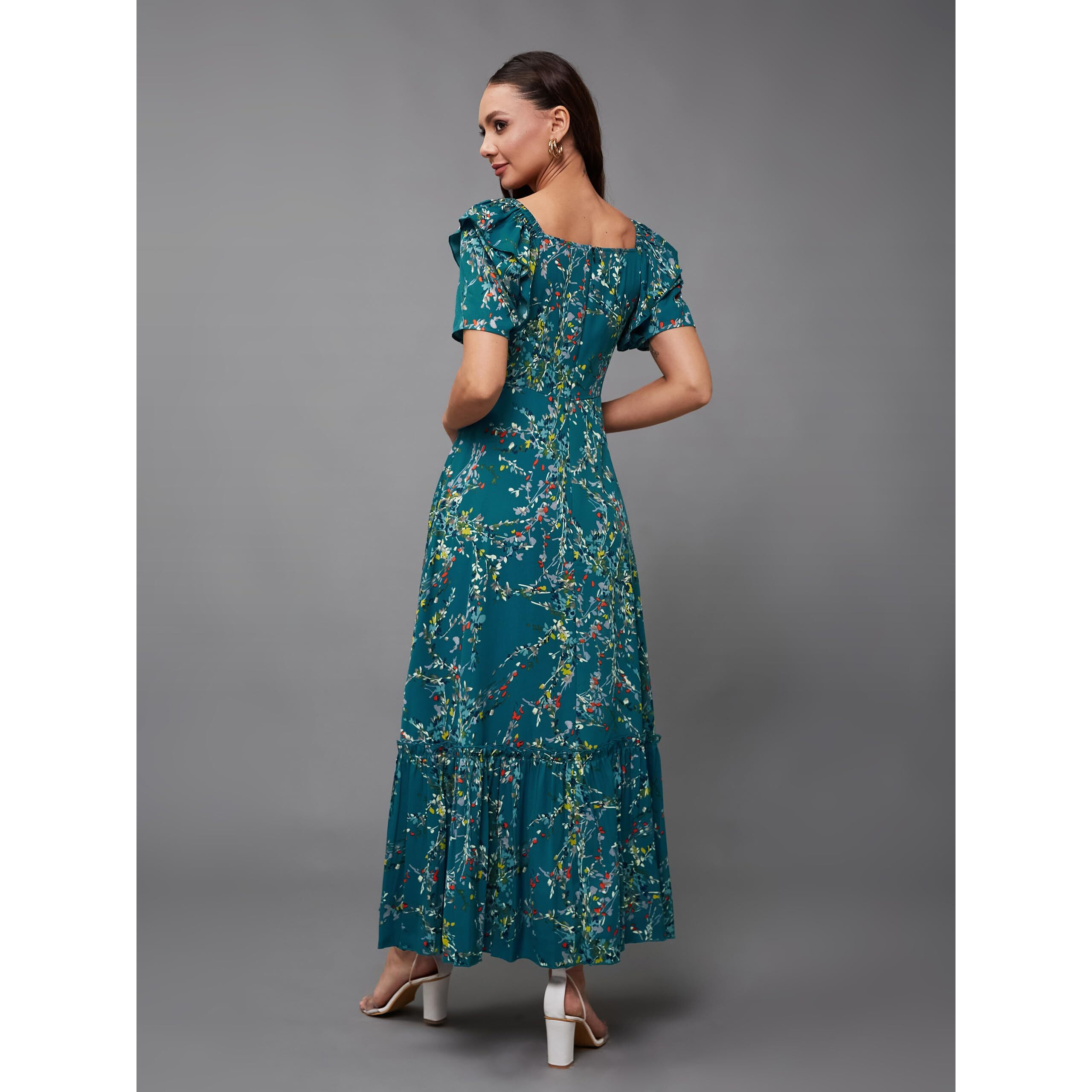 Miss Chase Women's Sweet-Heart Neck Half Sleeve Floral Crepe Midi Dress With Pockets (Mcss24D16-53-176-02, Multicolored-Base-Turquoise, Xs)