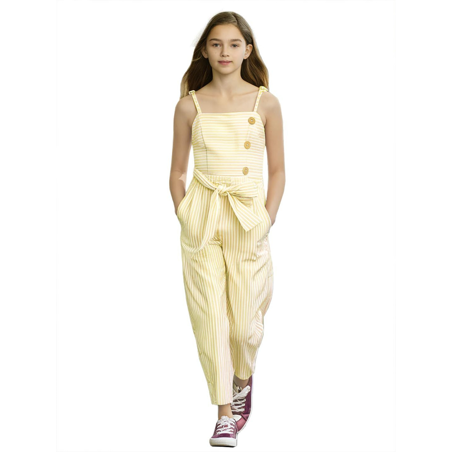 Naughty Ninos Girls Yellow Stripes Printed Jumpsuit (Nn01019Drs_3-4 Years)