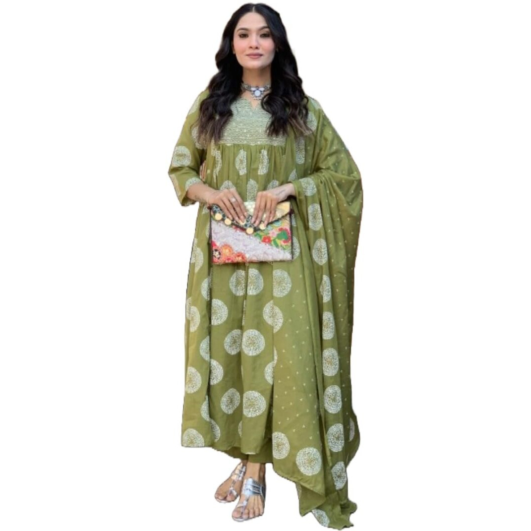 Nermosa Women Printed Anarkali Kurta And Pant Set With Dupatta (In, Alpha, L, Green)