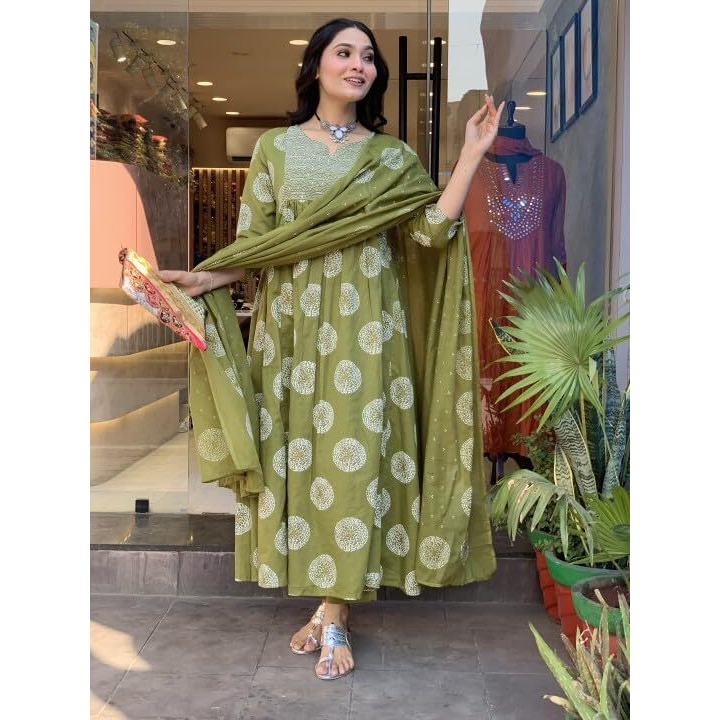 Nermosa Women Printed Anarkali Kurta And Pant Set With Dupatta (In, Alpha, L, Green)