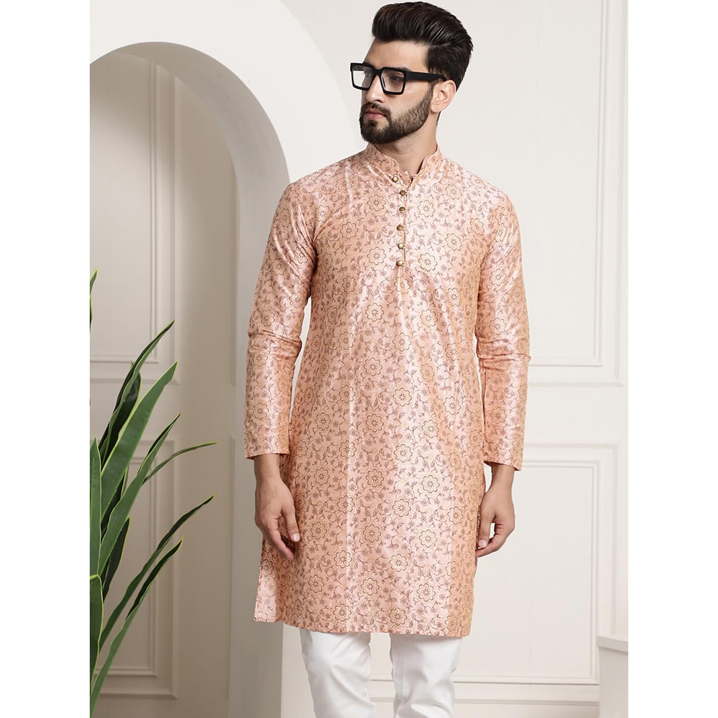 Sojanya (Since 1958 Men's Silk Blend Pink Color Print Design Only Long Kurta