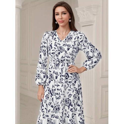 Tadkee Women's Cotton Blend Classic Below The Knee Casual Dress (Fn-Floral-Dress-135-Navy-S_Navy