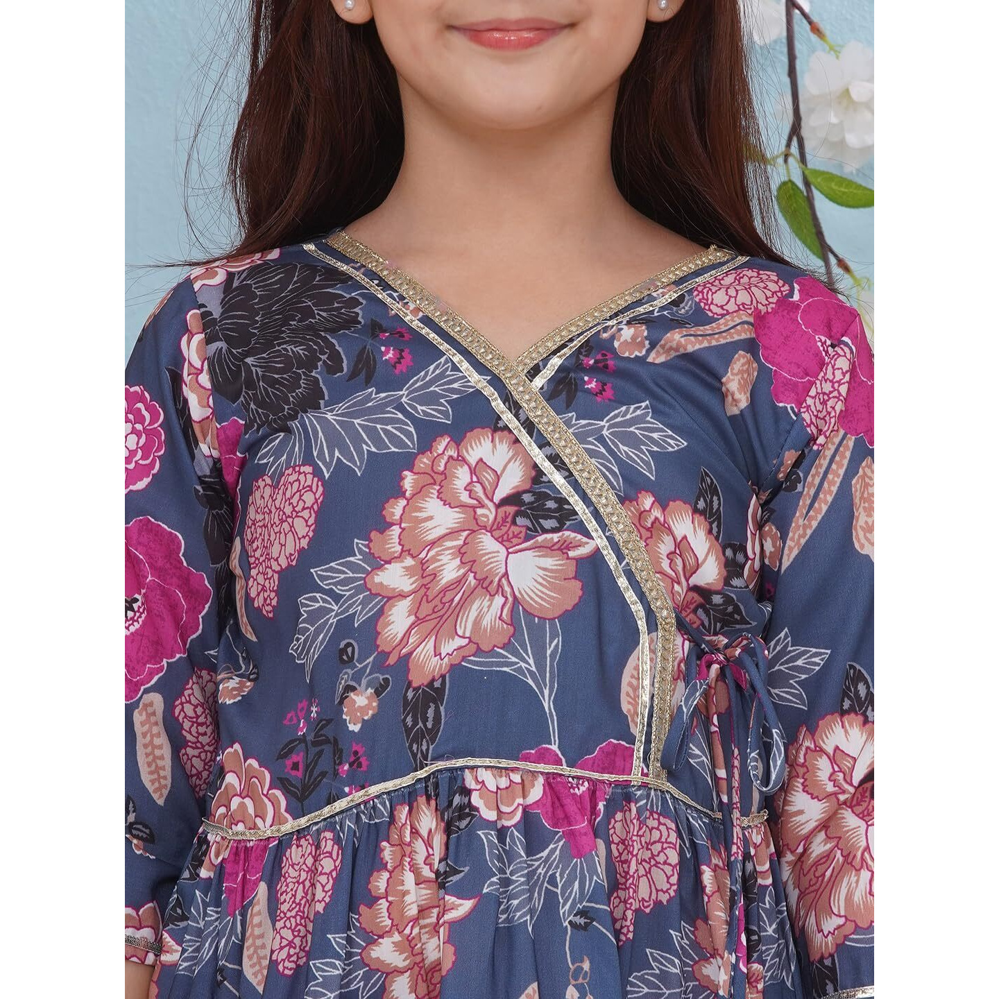 Preneum Girls's Cotton Rayon Floral Printed Angrakha Kurta With Sharara & Dupatta, Navy Blue, 9-10 Years