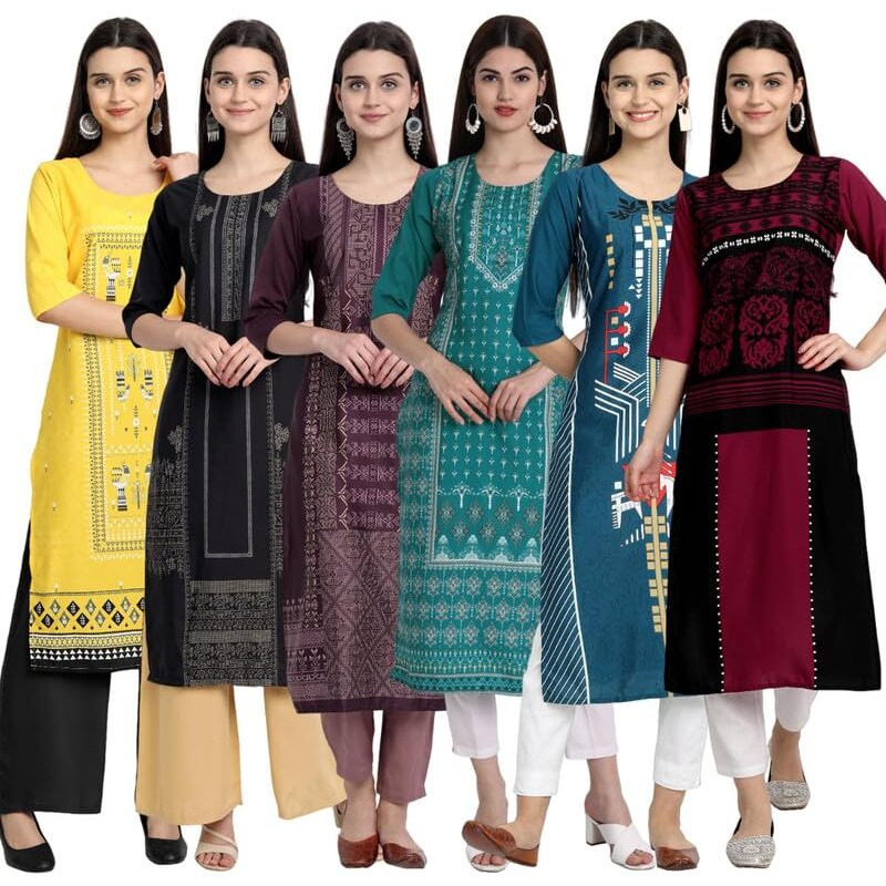 Tee Projekt Printed Crepe Kurti For Women Ll Vibrant Colour Kurti (Pack Of 6)