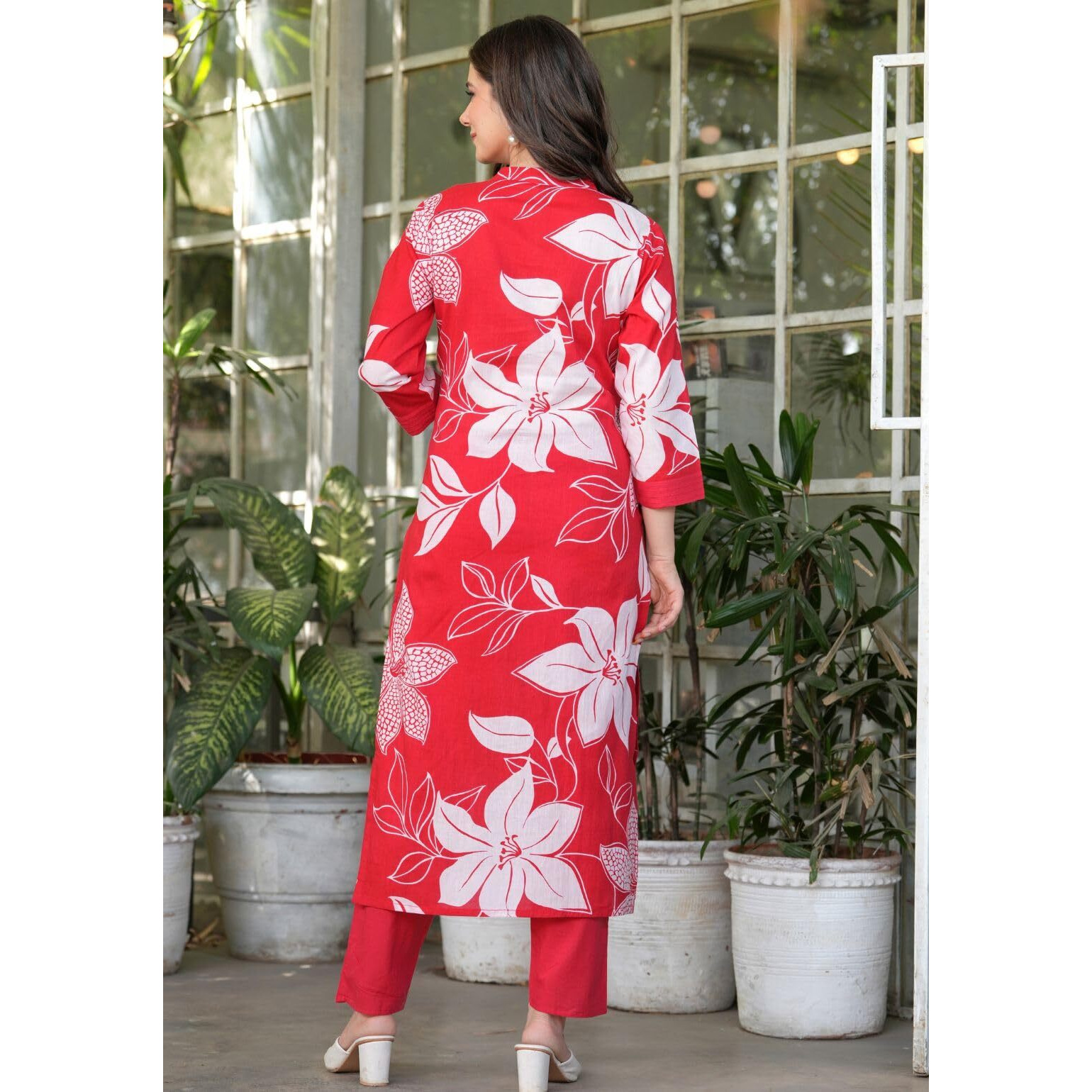 Rytras Women's Pure Cotton Printed Ethnic Wear Straight Kurta Set With Palazzo Pants(Ryt637,Red,S)