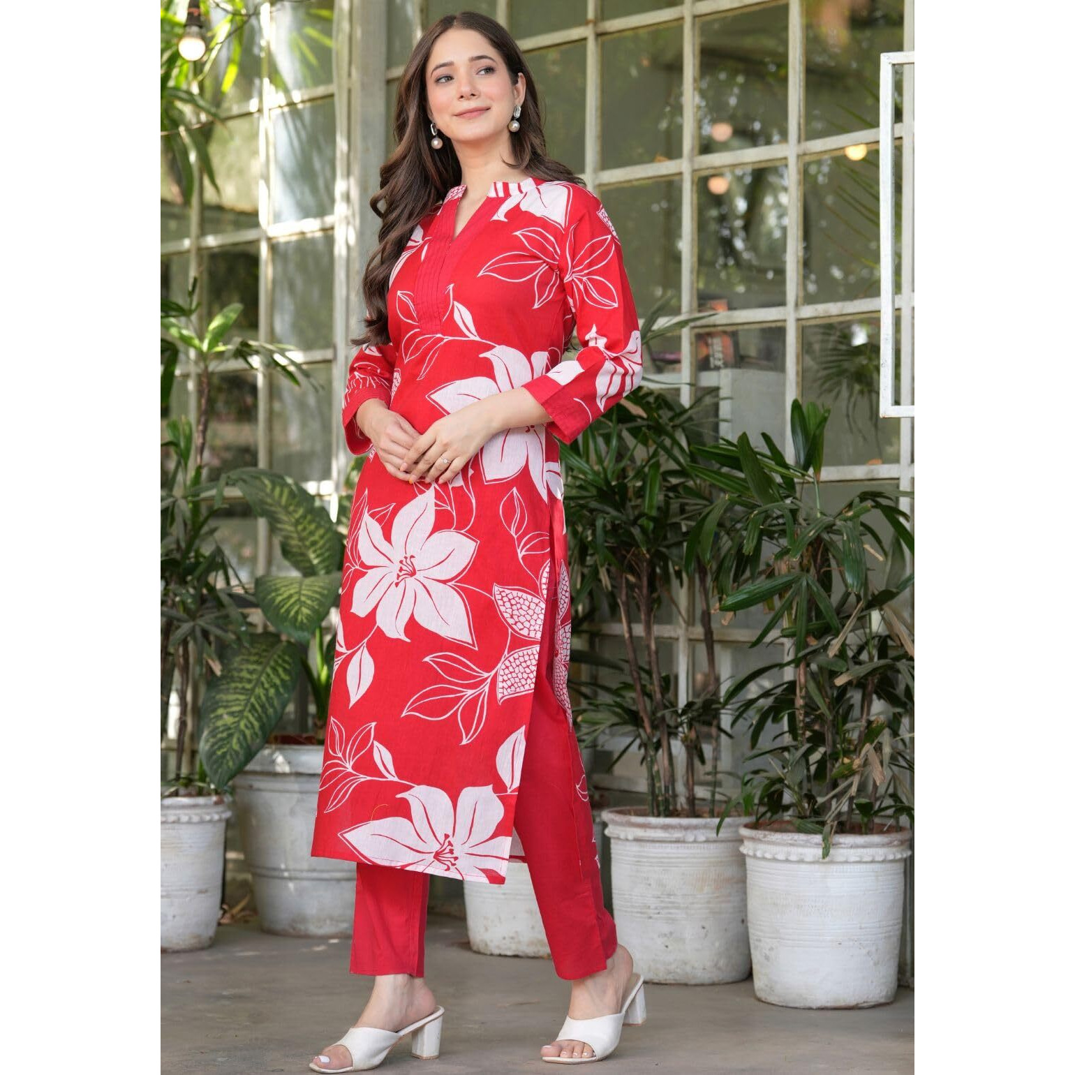 Rytras Women's Pure Cotton Printed Ethnic Wear Straight Kurta Set With Palazzo Pants(Ryt637,Red,S)