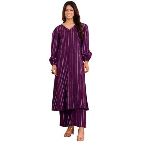 Varanga Women Purple Lurex A- Line Kurta With Trousers