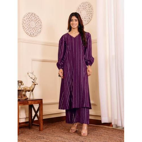 Varanga Women Purple Lurex A- Line Kurta With Trousers