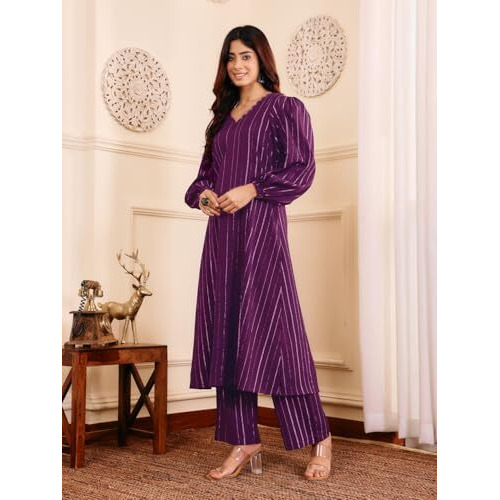 Varanga Women Purple Lurex A- Line Kurta With Trousers
