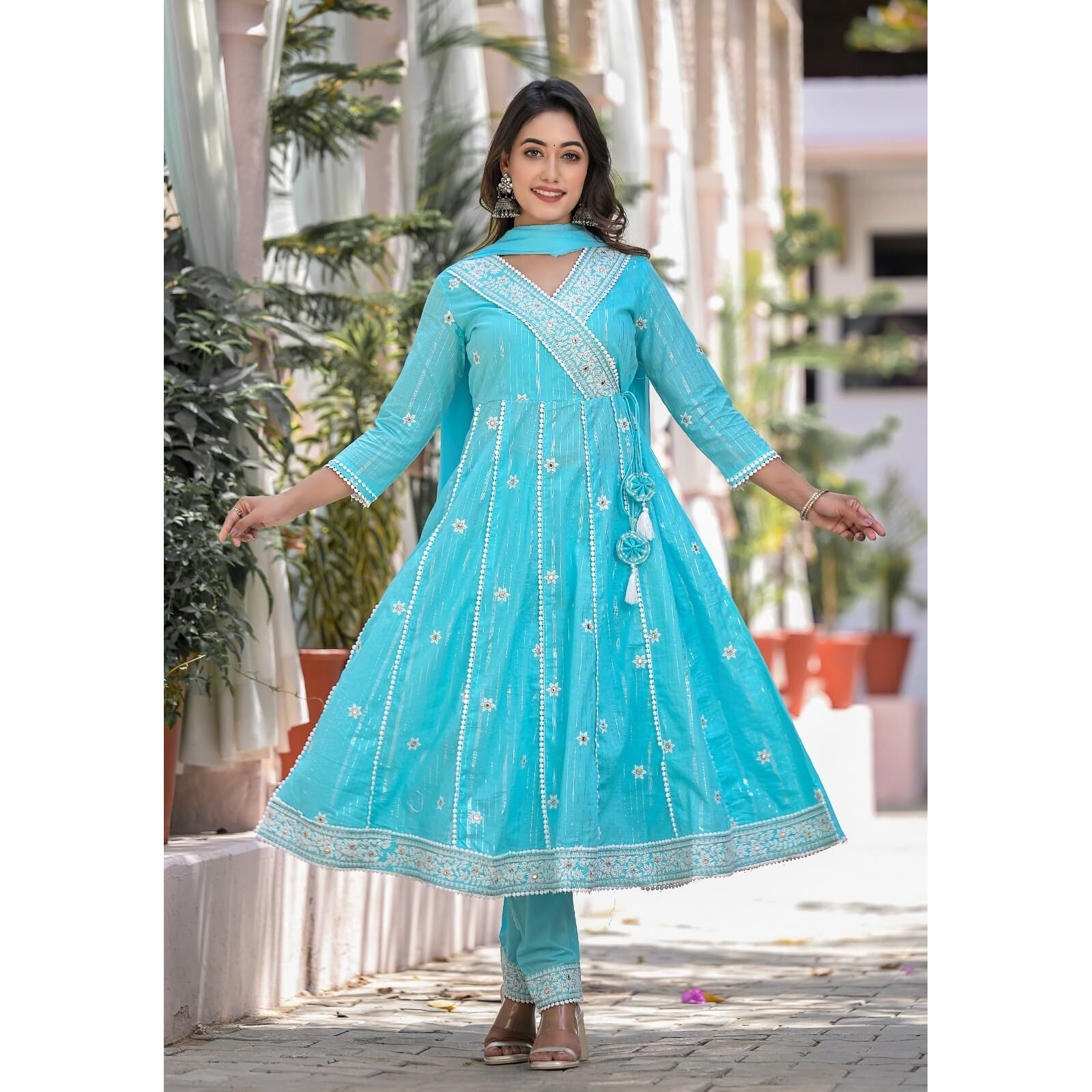 Varanga Women Blue Thread Embroidered Anarkali Kurta With Bottom And Dupatta