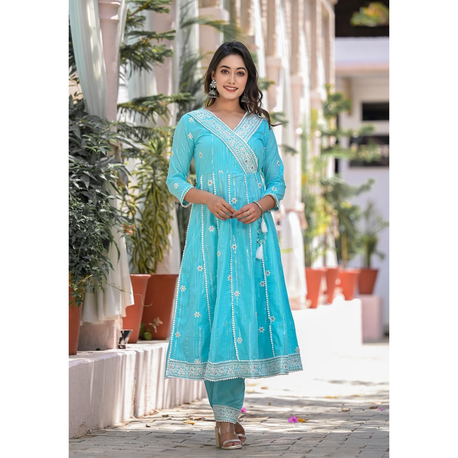 Varanga Women Blue Thread Embroidered Anarkali Kurta With Bottom And Dupatta