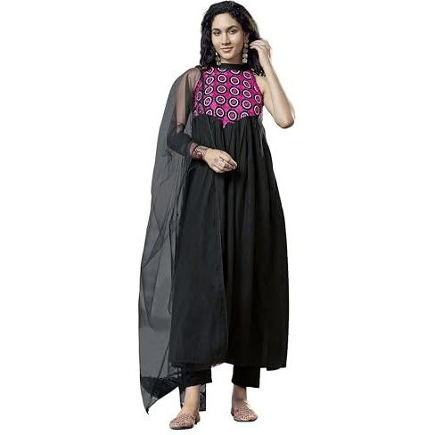Womanista Women's Viscose Rayon Solid Regular Flared Kurta With Pant & Dupatta (Kurtaset_1452_Black