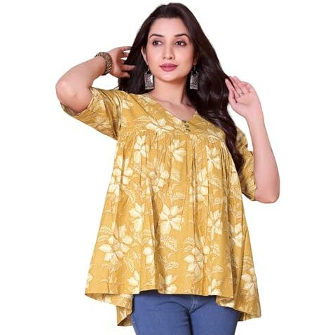 Shiv Textiles Women's Cotton Printed Kurti (Tk-1001-Yellow-L)