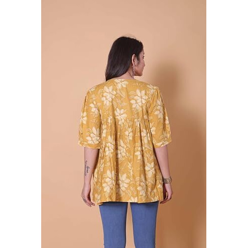 Shiv Textiles Women's Cotton Printed Kurti (Tk-1001-Yellow-L)