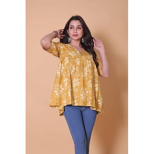 Shiv Textiles Women's Cotton Printed Kurti (Tk-1001-Yellow-L)