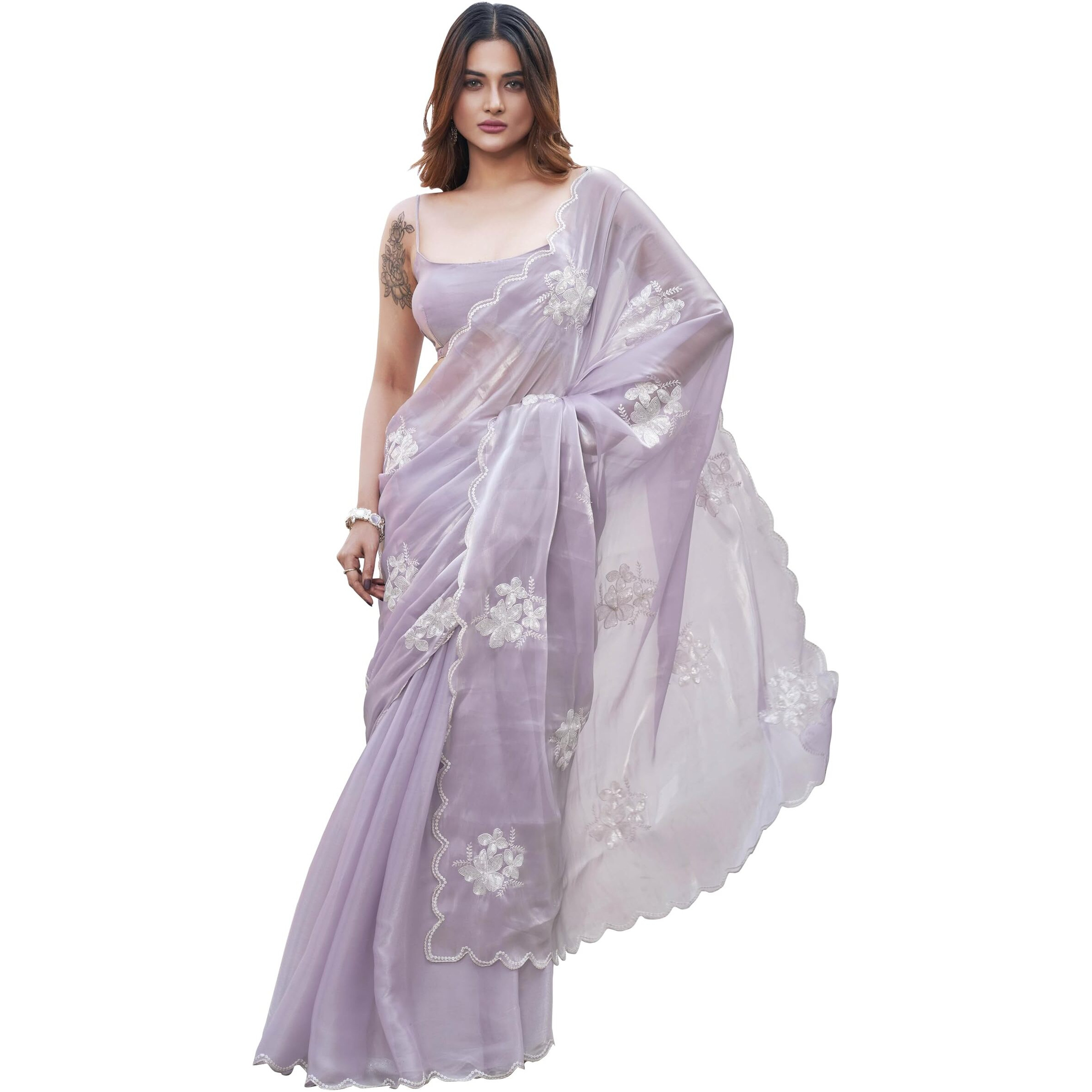 Womanista Women's Lavendar Colored Burbery Satin Saree With Sequinned Embroidered Butta On Pallu And Scalloped Border(Ti6844_Lavender_Onesize)