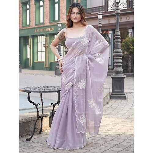 Womanista Women's Lavendar Colored Burbery Satin Saree With Sequinned Embroidered Butta On Pallu And Scalloped Border(Ti6844_Lavender_Onesize)
