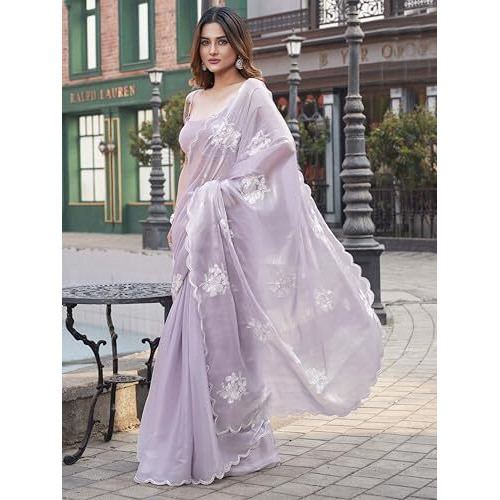 Womanista Women's Lavendar Colored Burbery Satin Saree With Sequinned Embroidered Butta On Pallu And Scalloped Border(Ti6844_Lavender_Onesize)