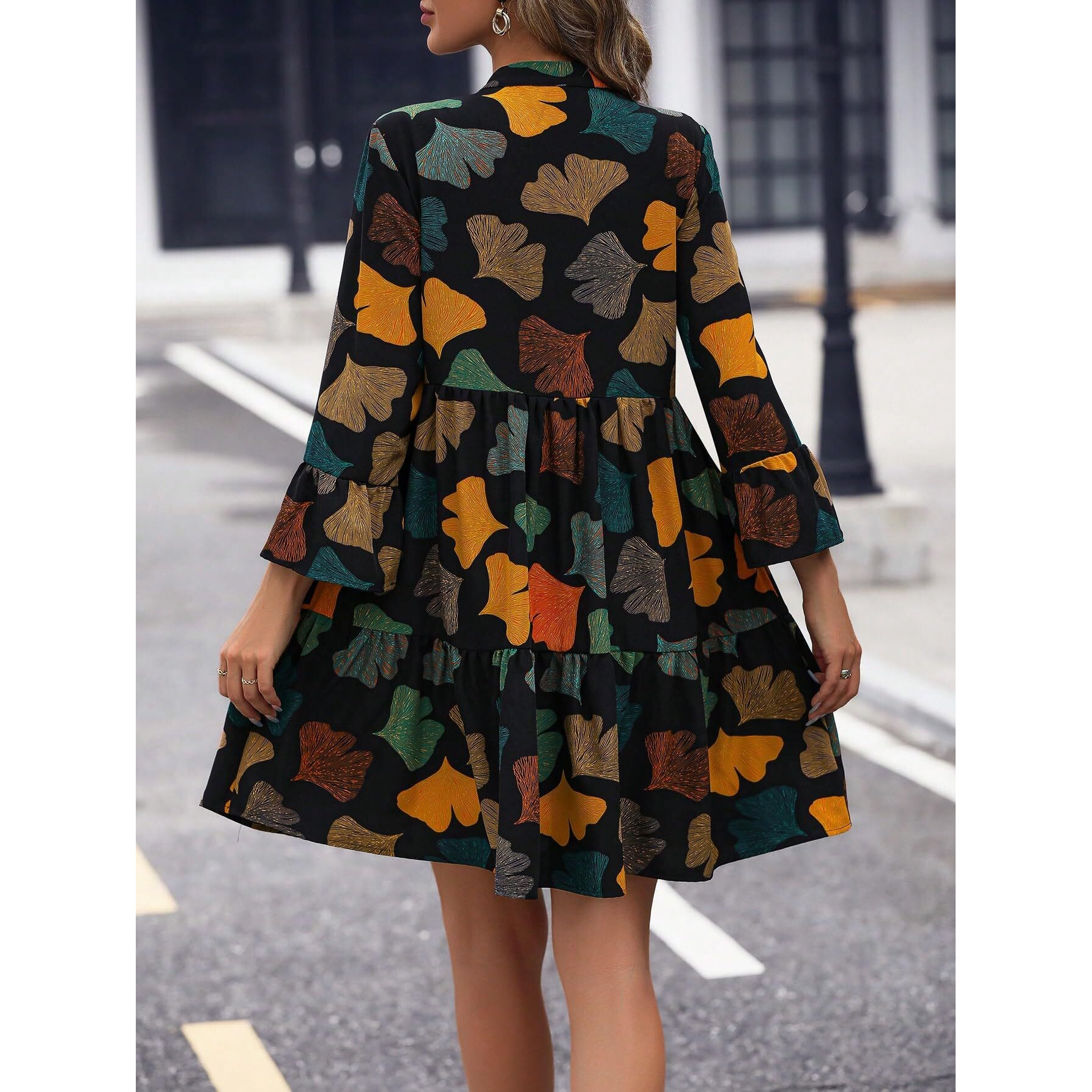 Shasmi Girl's & Women's Black V-Neck Allover Leaf Print Ruffle Hem Smock Gathered Ruffle Long Sleeve A-Line Midi Dress Full Print Casual Short Dresses (Dress 231 Black L)