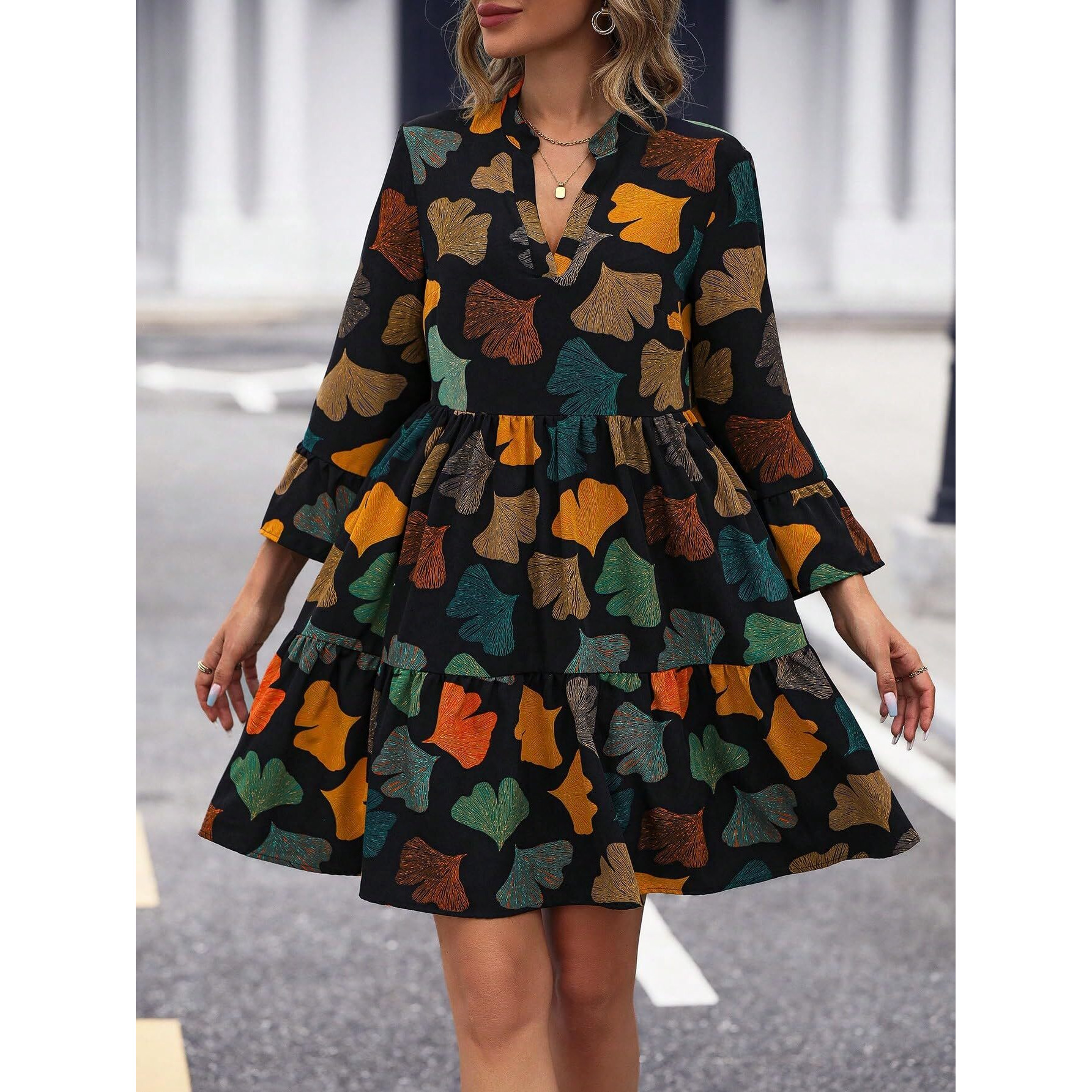 Shasmi Girl's & Women's Black V-Neck Allover Leaf Print Ruffle Hem Smock Gathered Ruffle Long Sleeve A-Line Midi Dress Full Print Casual Short Dresses (Dress 231 Black L)