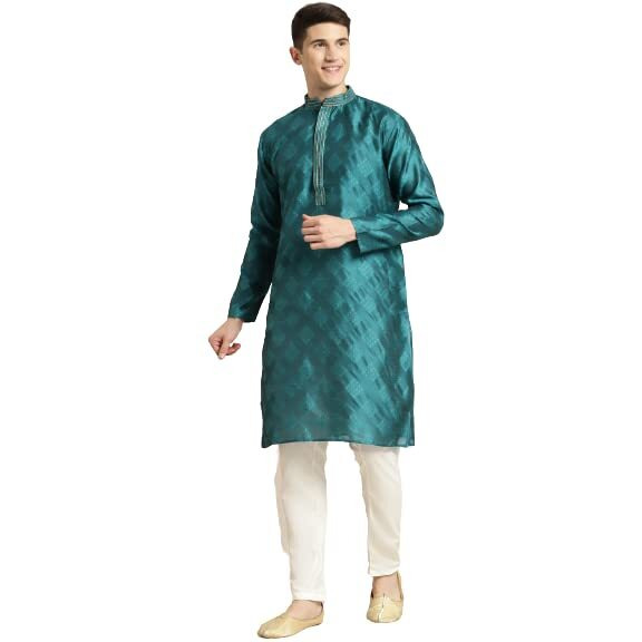 Sojanya (Since 1958 Men's Jacquard Silk Peacock Blue Self Design Kurta & Off White Churidar Pyjama Set