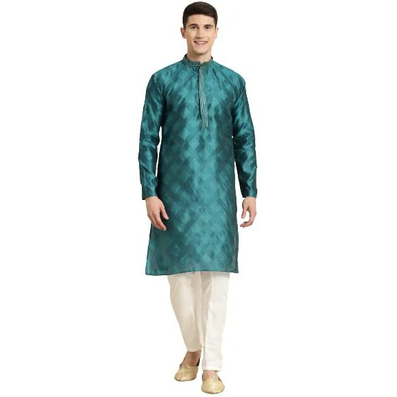 Sojanya (Since 1958 Men's Jacquard Silk Peacock Blue Self Design Kurta & Off White Churidar Pyjama Set