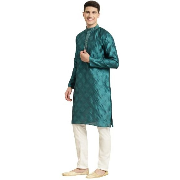 Sojanya (Since 1958 Men's Jacquard Silk Peacock Blue Self Design Kurta & Off White Churidar Pyjama Set
