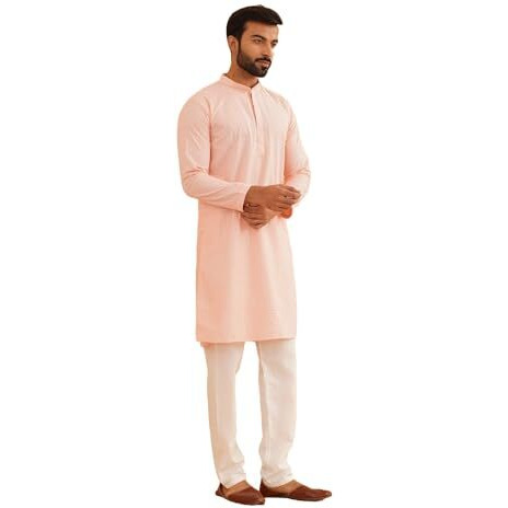 Sojanya (Since 1958 Men's Cotton Embroidered Thread Work Peach Kurta With White Churidar Pyjama