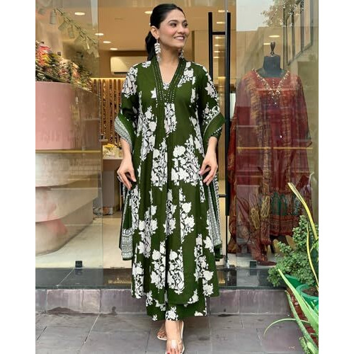 Toochki Dress For Women | Kurta Pant And Dupatta Set |Floral Printed Ethnic Dress | Three Piece Embroidered Dress | Ethnic Dress Suit Set For Women | Olive Green Dress (Tkcbl-Mu-329-Og-Etd Parent)